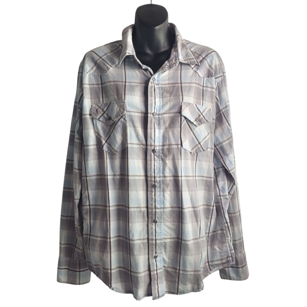 BKE Mens Size Large Grey Blue Plaid Pearl Snap Western Long Sleeve Button Shirt